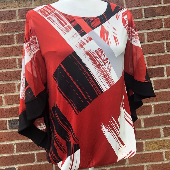 Alfani Womens flowing 3/4 Sleeve Blouse Black Red Size Small New - Picture 1 of 9